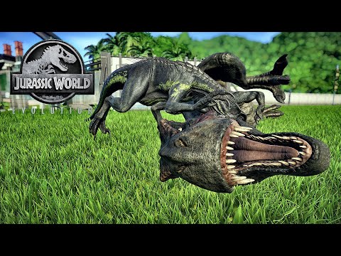 T-Rex vs I-Rex vs Velociraptor Spinosaurus and ALL 63 Dinosaurs Fighting!  Jurassic World Evolution