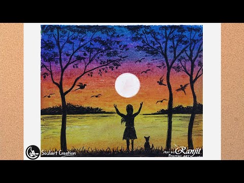 Moon girl Scenery for Beginners with Oil Pastel - Step by Step | Tutorial #soulartcreation