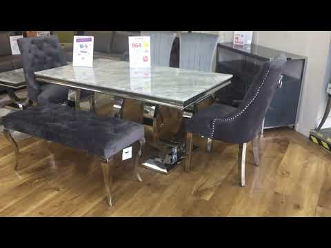 ARIANNA 1.6M GREY MARBLE TOP DINING TABLE WITH GREY KNOCKERBACK CHAIRS