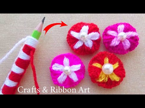 Amazing Woolen Craft Ideas with Pencil - Hand Embroidery Flower Design - DIY Woolen Flowers