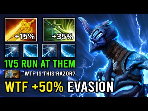WTF +50% Evasion Radiance Butterfly Razor 1v5 Run At Them Hyper Carry Dota 2