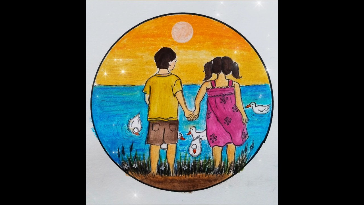 Beautiful pond Scenery Drawing with kids.. @sreebaviart #drawing #scenery #art #kids #ducks