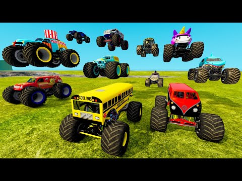Epic Battle with Monster Truck School Bus and Monster Jam Grave Digger Racing Jumps and Crashes