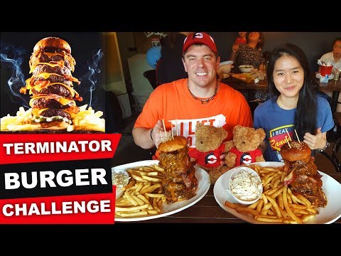 TERMINATOR BURGER CHALLENGE w/ RANDY SANTEL!! Beef Burger, Fries & Coleslaw | Food Challenge Video
