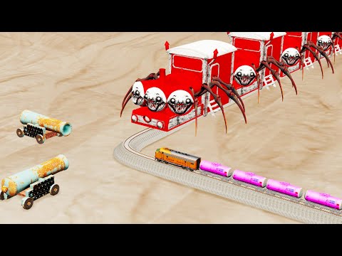 Choo Choo Charles Train Triple Head Vs Impossible Sharp Turn Rail Tracks Crossing - BeamNG.Drive