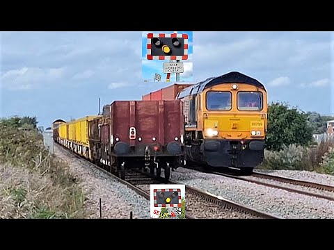 (Two Freight Trains, One Lowering) Little Downham (North Fen) Level Crossing, Cambridgeshire