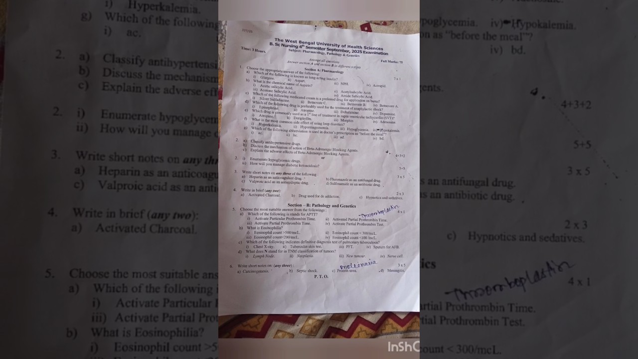 pharmacology pathology genetics 2025 question paper #bscnursing #exam #viral #trending #shorts