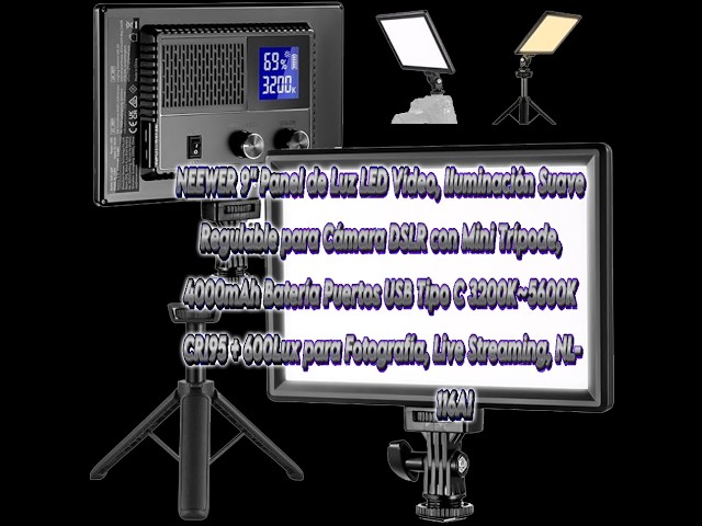 Vídeo relacionado con NEEWER Panel de luz LED de Video de 9 Pulgadas, cámara DSLR Regulable con Mini trípode, batería de 4000 mAh, Puertos USB Tipo C, 3200 K ~ 5600 K CRI95+ 600 Lux para fotografía, grabación de Video,