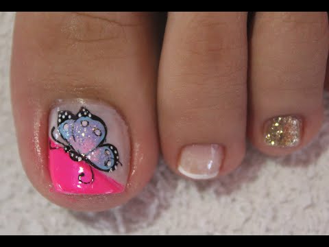 DISEÑO DE UÑAS PARA PIES MARIPOSA Y FRANCÈS FÀCIL DE HACER – BUTTERFLY NAIL ART – NLC