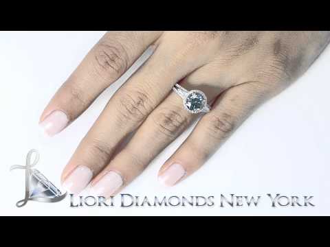 FD-445 - 2.63 Carat Fancy Blue Diamond Engagement Ring 18k White Gold Pave Halo