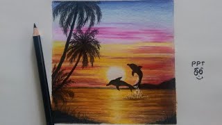How to Draw Sunset Scenery of Beach with colored pencils|| step by step drawing
