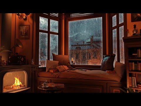 Cozy Reading Nook Ambience - Rain on Window & Thunder Sounds | Warm Fireplace