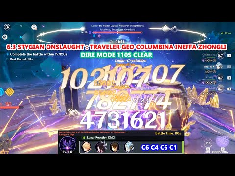 6.3 Stygian Onslaught : Traveler Geo Columbina Ineffa Zhongli - Dire Mode 110s Clear
