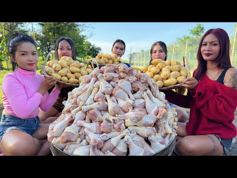 Amazing cooking chicken leg roasted with fresh potato recipe in my countryside