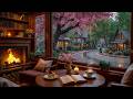 BEAUTIFUL COFFEE SHOP SPRING RAIN ☕ GENTLE JAZZ PIANO, CRACK ..