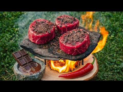 Cooking Filet Mignon on a Rock in the Forest