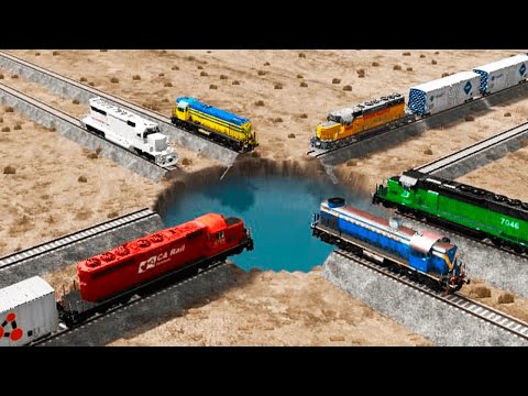 Trains vs Giant Pit Deep Water - Beamng experiments