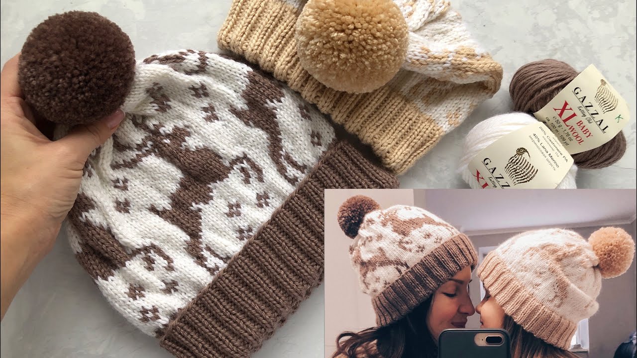 Мастер-класс «Новогодняя» шапка спицами с оленями (+ схема узора) в технике жаккард из пряжи Gazzal