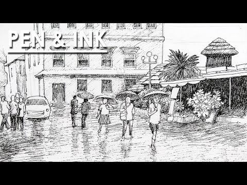 Pen Ink Rainy Cityscape Drawing step by step