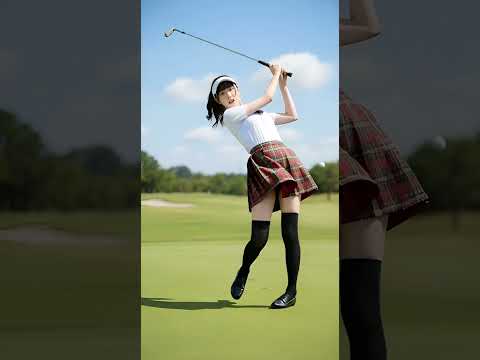 制服姿の女子高生がゴルフをしている