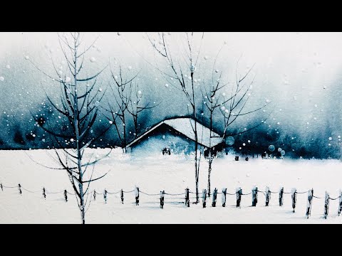 Watercolor Winter Cottage Painting | Snowy Landscape