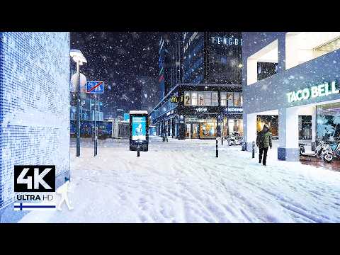 Nocturnal Awakening • Night Walking in HEAVY Snowfall • Helsinki Finland - Slow TV 4K