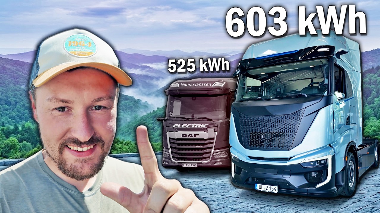 Battery electric articulated truck plugged in at a European charging park