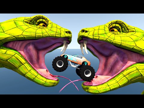 Jumping Cars Through The Mouth Of Giant Snake - BeamNG.Drive