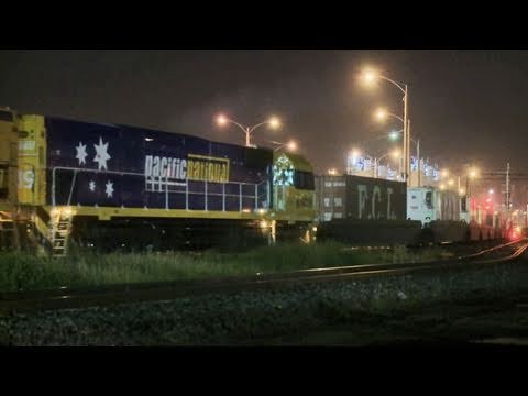Freight Train at Night Departs Dynon (Melbourne) - Train with shipping containers in Australia