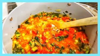 Kale and Smoked Sausage soup cooked in the Caraway Dutch Oven | Caraway non toxic non stick Cookware