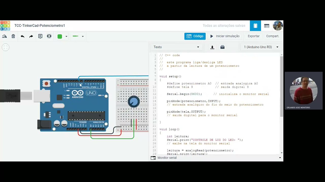 TinkerCAD com ARDUINO circuito com Potenciômetro liga LED no TinkerCad
