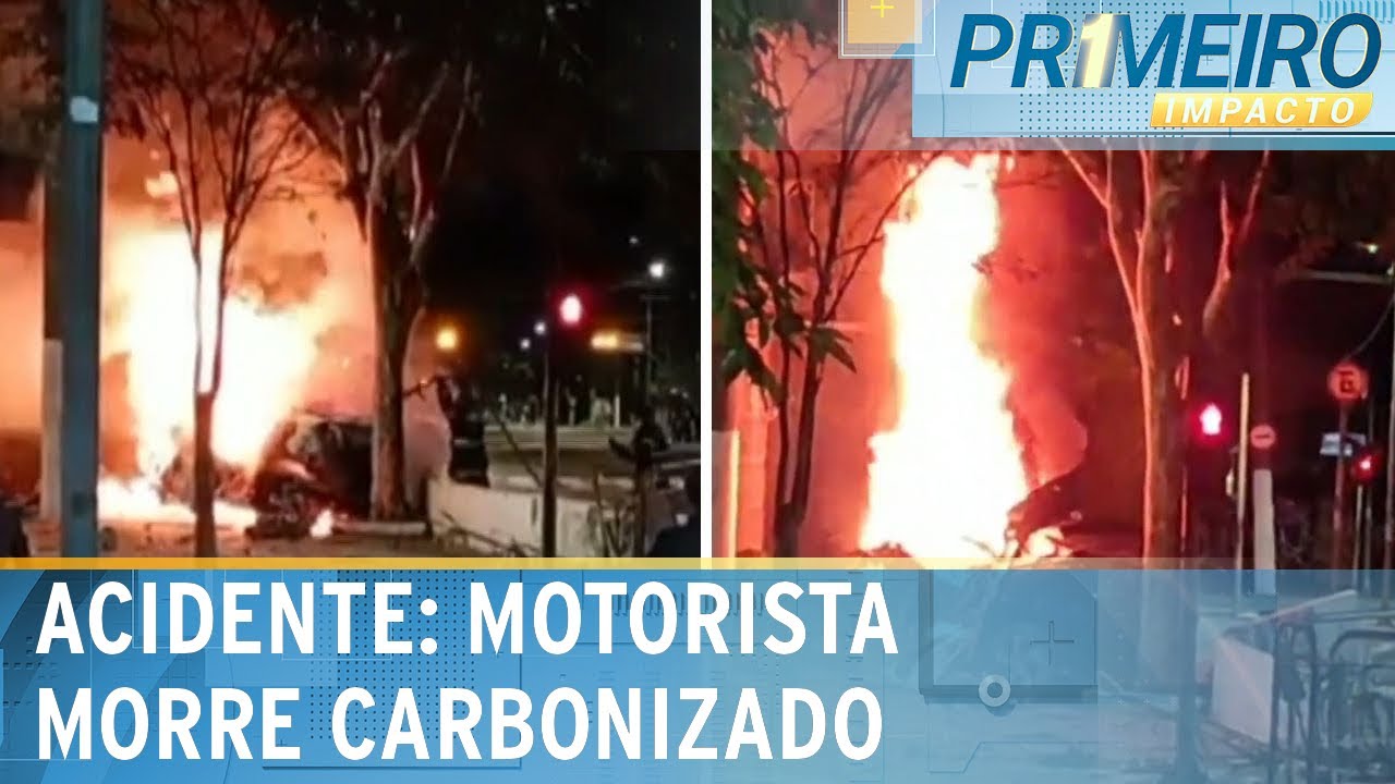 Vídeos mostram carro em chamas após colidir e bater em teto de banco | Primeiro Impacto (01/11/24)