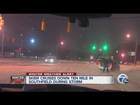 Skier cruises down 10 Mile in Southfield during snowstorm