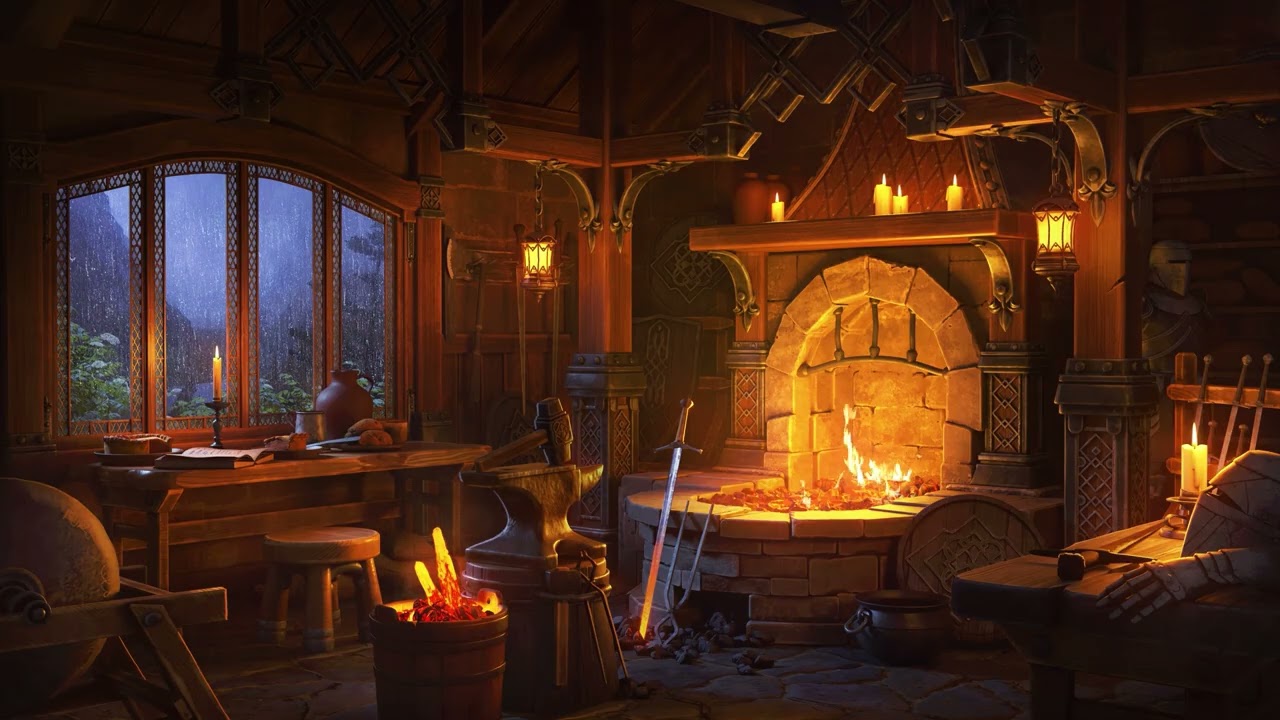 The Blacksmith Workshop | Rain and Crackling Fireplace Sounds | D&D Medieval Ambience