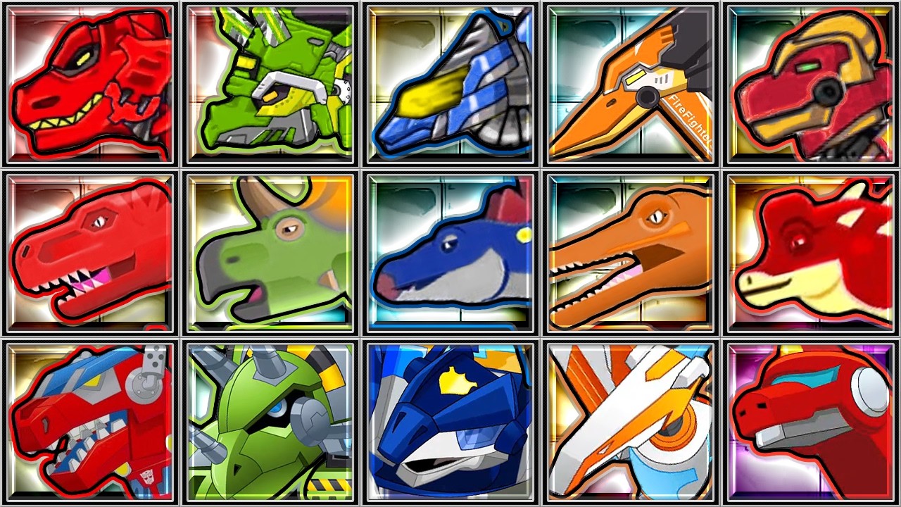 Dino Express, Dino Robot Corps, Rescue Bots Dino island: Tyrannosaurus Triceratops Stegosaurus Spino