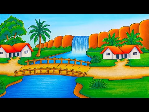 How to Draw Mountain Landscape Village Scenery | Easy River, Bridge & Waterfall Drawing