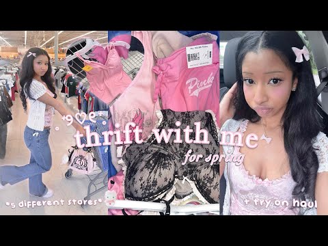 thrift with me! ୨୧ *pink dolly spring clothing* + try on haul