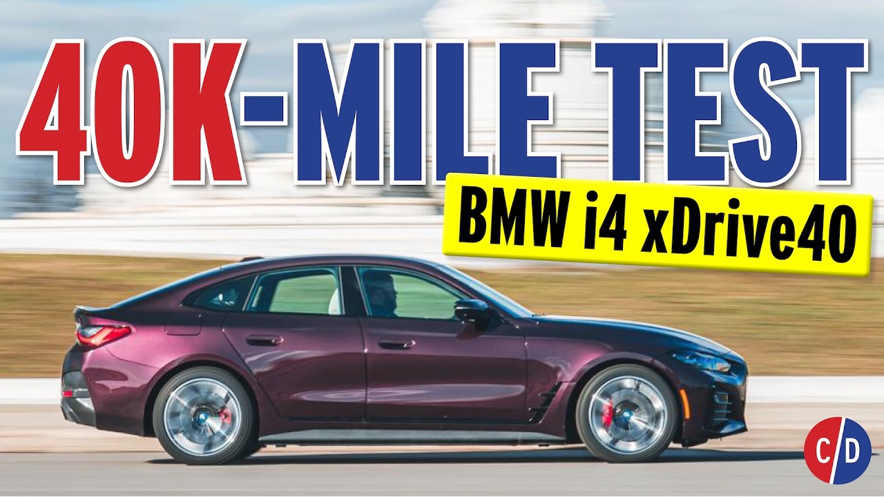 2024 BMW i4 xDrive40 in purple paint during Car and Driver's 40,000-mile long-term test