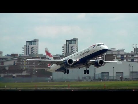 Rocket takeoff! British Airways Embraer 190 STEEP departure from London City Airport