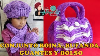 VIDEO CONJUNTO Boina, bufanda, mitones y bolso en punto Espiga tejidos a crochet