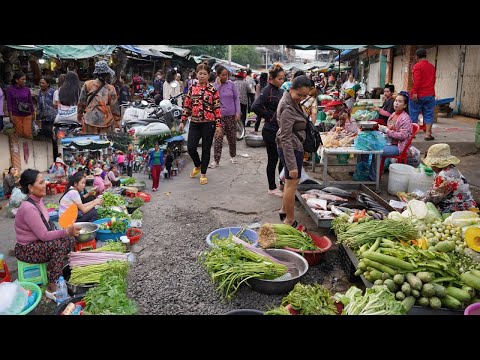 Cambodian Evening Street Market in Town - Daily Lifestyle of Vendor & Buyer in Market @Kandal Market