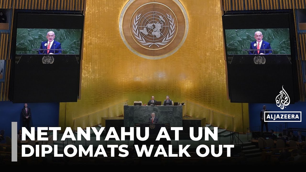 Netanyahu at the UN: Diplomats walk out as Israeli prime minister speaks