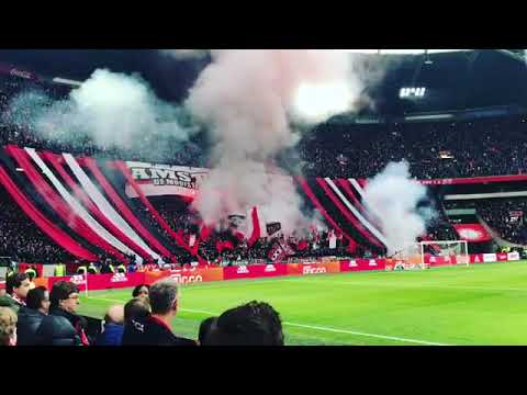 Ajax ultras doing a bit of shouting / flag waving /Ajax - Feynoord 21.01.2018