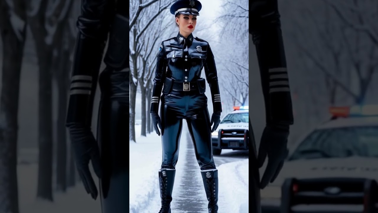 Striking Elegance: Latex Police Uniform in a Snowy City Park