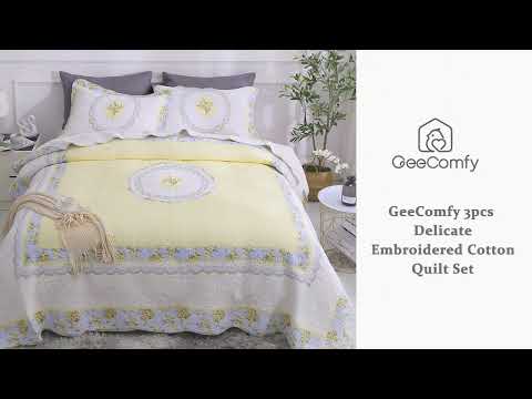 Light Yellow Peony Embroidered Quilt Set