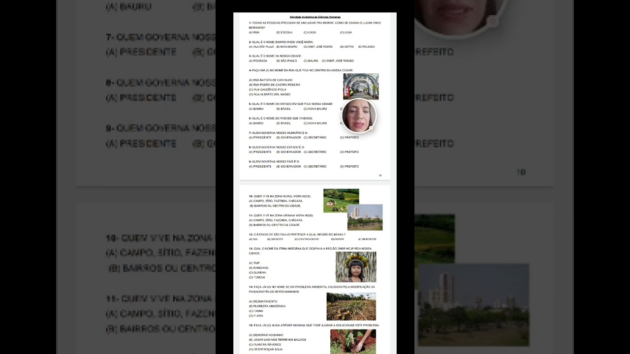 Avaliação de História e Geografia terceiro ano