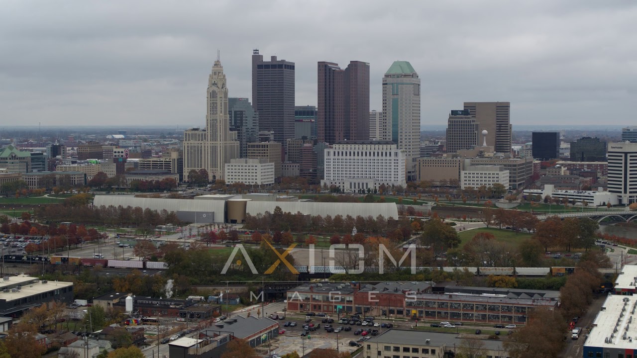 5.7K aerial video ascend for view of skyscrapers in skyline in Downtown Columbus, .. | DX0001_002696