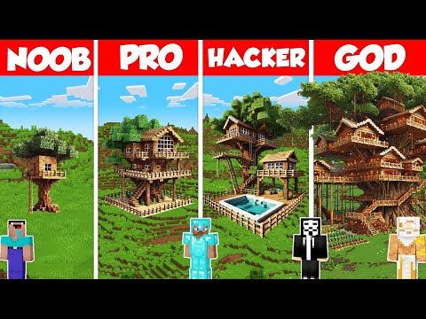 Tree House Build Battle Challenge - Noob vs Pro vs Hacker vs God - Minecraft Animation