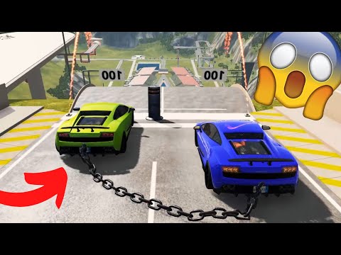 Chained Cars vs Bollard and Rollers 😱 // Beamng Drive Crashes