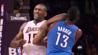 Ron Artest vs James Harden epic KO (OKC @ LAL)